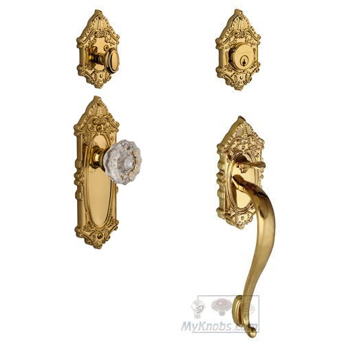 Handleset - Grande Victorian with "S" Grip and Fontainebleau Crystal Door Knob in Lifetime Brass