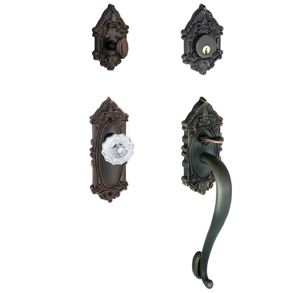 Handleset - Grande Victorian with "S" Grip and Fontainebleau Crystal Door Knob in Timeless Bronze