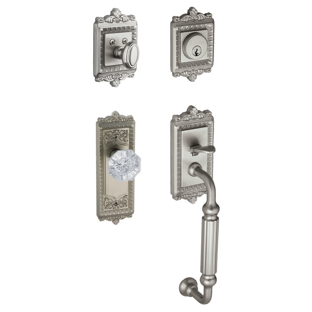 Windsor with "F" Grip and Chambord Crystal Door Knob in Satin Nickel