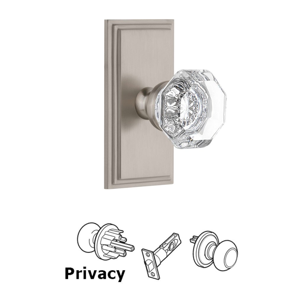 Grandeur Carre Plate Privacy with Chambord Crystal Knob in Satin Nickel