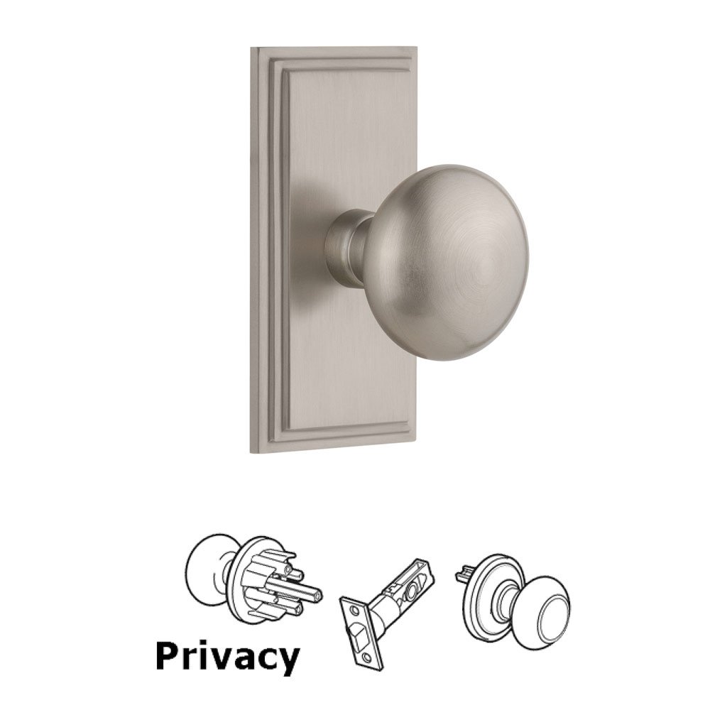 Grandeur Carre Plate Privacy with Fifth Avenue Knob in Satin Nickel