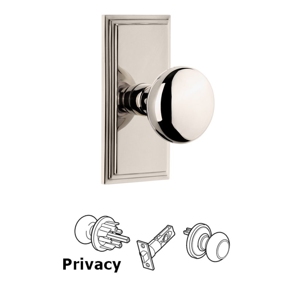 Grandeur Carre Plate Privacy with Fifth Avenue Knob in Polished Nickel