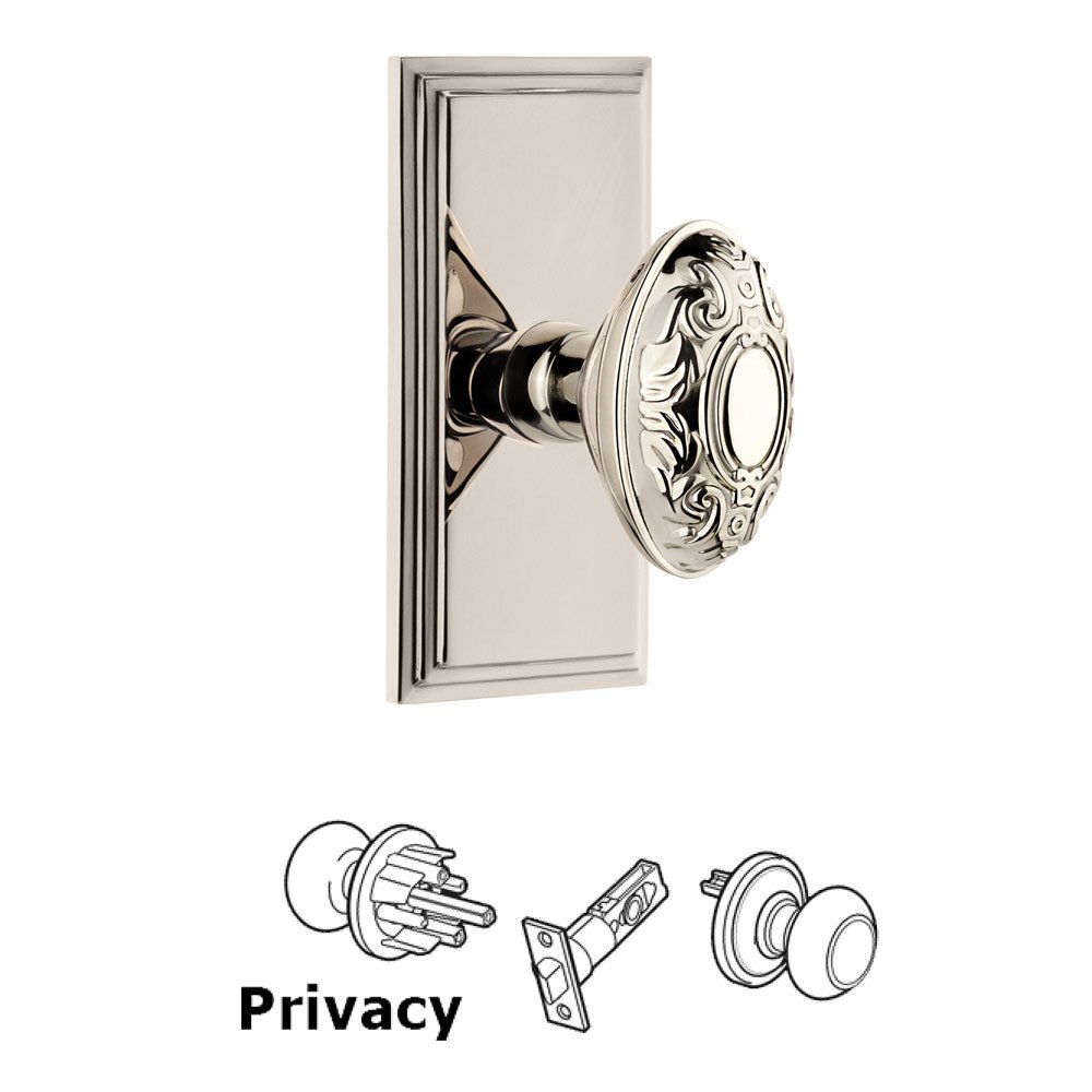 Grandeur Carre Plate Privacy with Grande Victorian Knob in Polished Nickel