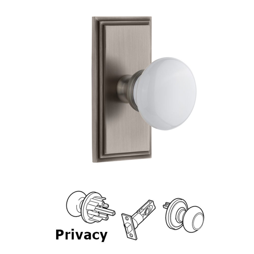 Carre Plate Privacy with Hyde Park White Porcelain Knob in Antique Pewter