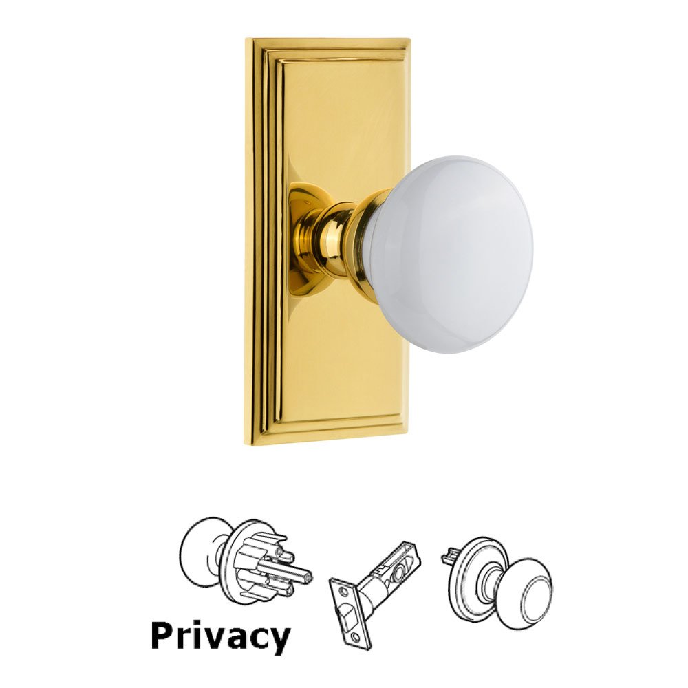Carre Plate Privacy with Hyde Park White Porcelain Knob in Polished Brass