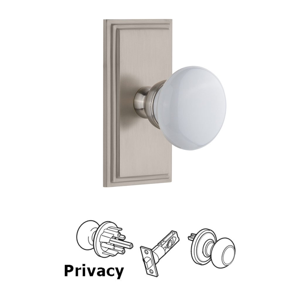 Carre Plate Privacy with Hyde Park White Porcelain Knob in Satin Nickel