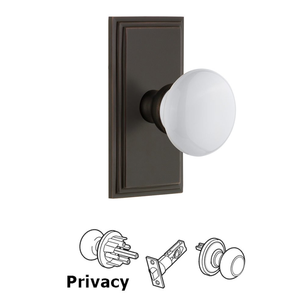 Carre Plate Privacy with Hyde Park White Porcelain Knob in Timeless Bronze