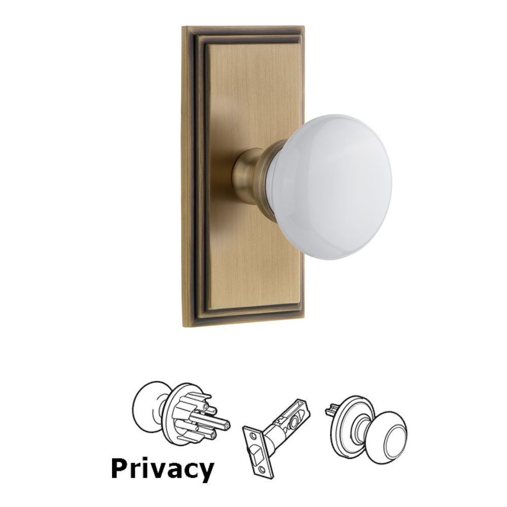 Carre Plate Privacy with Hyde Park White Porcelain Knob in Vintage Brass