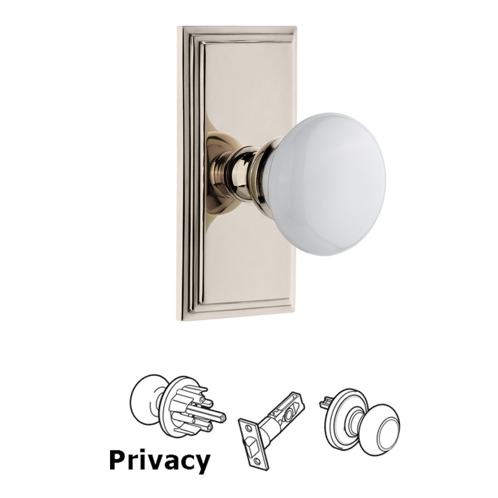 Carre Plate Privacy with Hyde Park White Porcelain Knob in Polished Nickel
