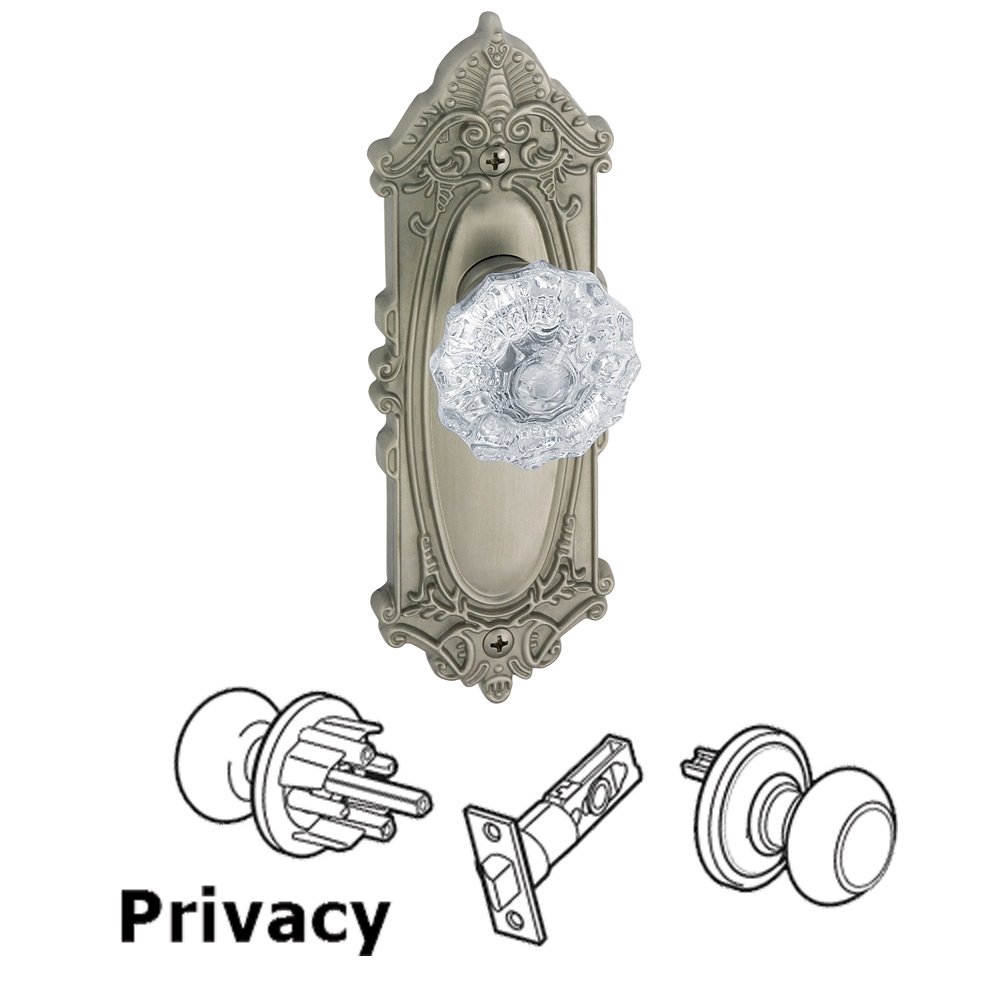 Privacy Knob - Grande Victorian Rosette with Fontainebleau Crystal Door Knob in Satin Nickel
