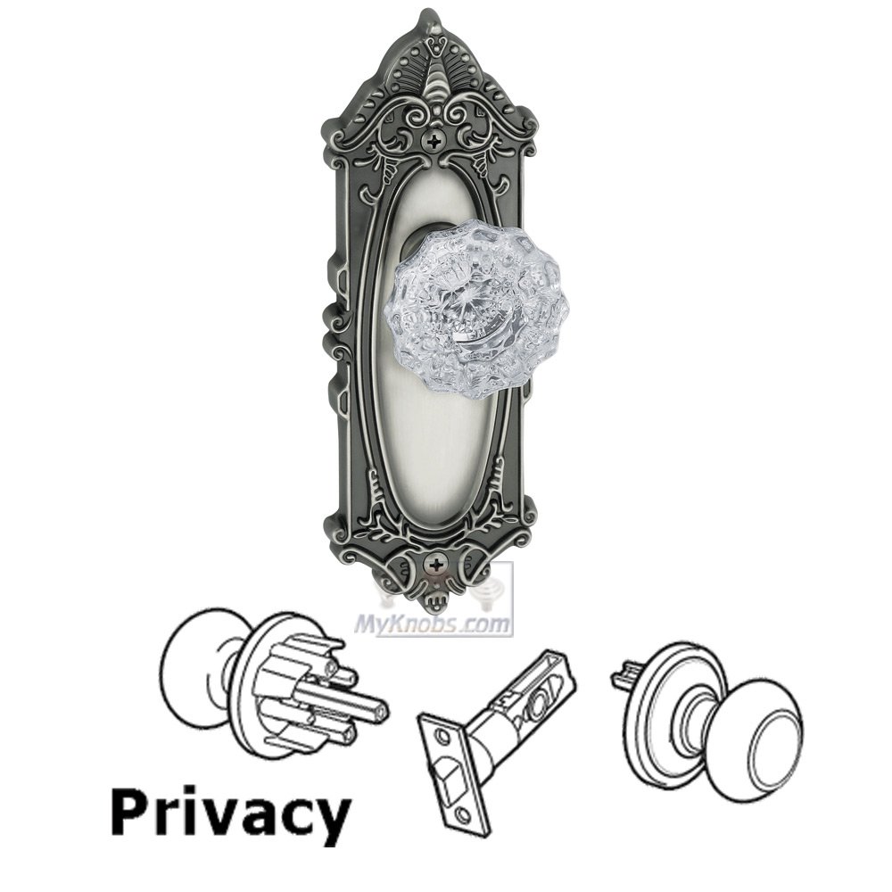 Privacy Knob - Grande Victorian Rosette with Fontainebleau Crystal Door Knob in Antique Pewter