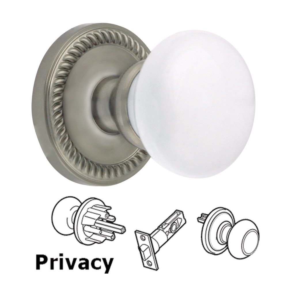 Privacy Knob - Newport Rosette with Hyde Park White Porcelain Knob in Satin Nickel