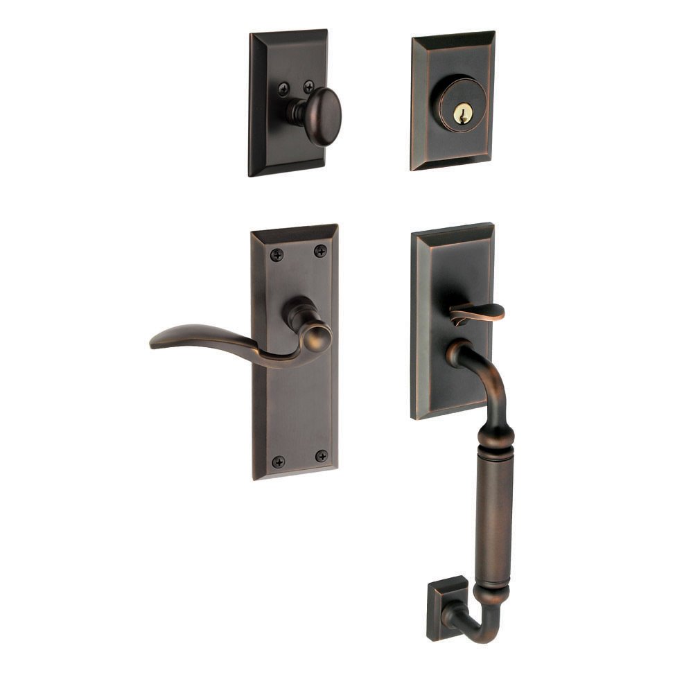Fifth Avenue with "C" Grip and Right Handed Bellagio Door Lever in Timeless Bronze