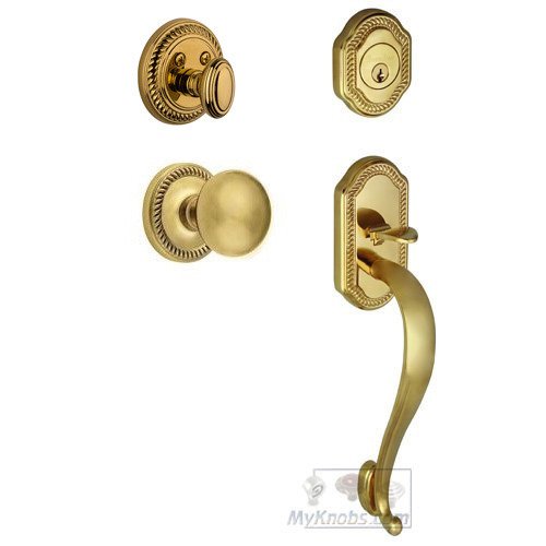 Handleset - Newport with "S" Grip and Fifth Avenue Knob in Lifetime Brass