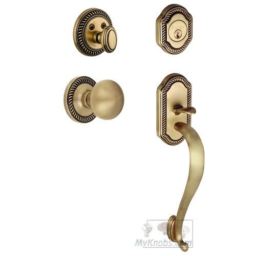Handleset - Newport with "S" Grip and Fifth Avenue Knob in Vintage Brass