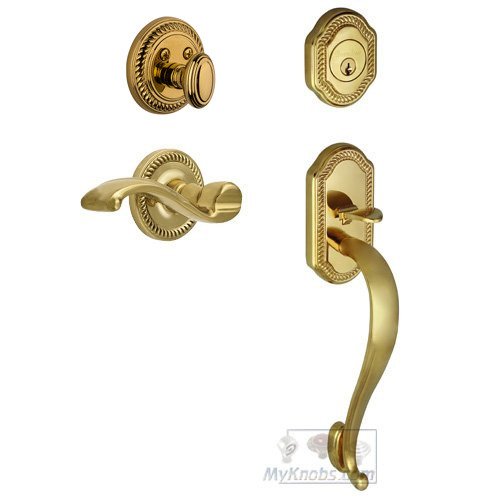 Handleset - Newport with "S" Grip and Portofino Right Handed Lever in Lifetime Brass