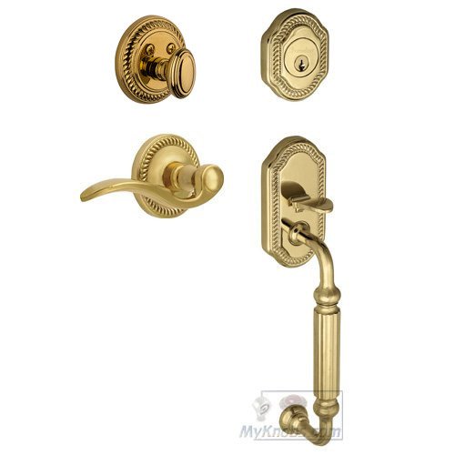 Handleset - Newport with "F" Grip and Bellagio Right Handed Lever in Lifetime Brass