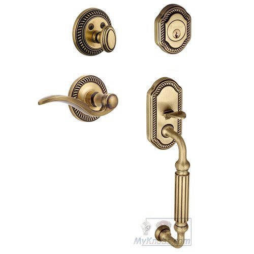 Handleset - Newport with "F" Grip and Bellagio Right Handed Lever in Vintage Brass