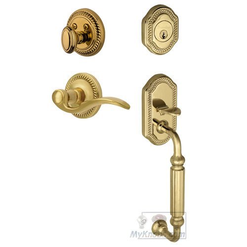 Handleset - Newport with "F" Grip and Bellagio Left Handed Lever in Lifetime Brass