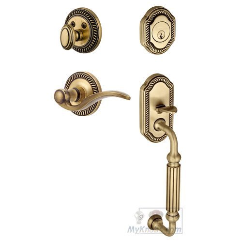 Handleset - Newport with "F" Grip and Bellagio Left Handed Lever in Vintage Brass