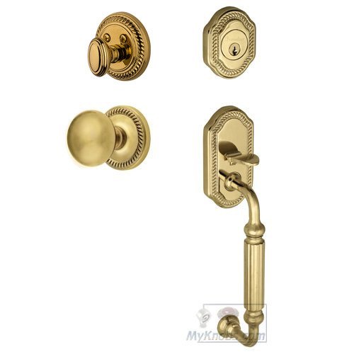 Handleset - Newport with "F" Grip and Fifth Avenue Knob in Lifetime Brass