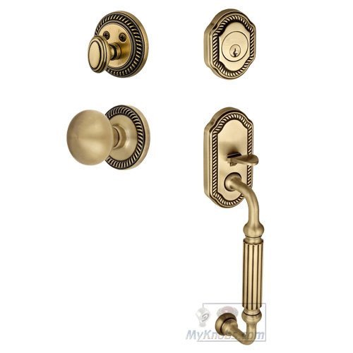 Handleset - Newport with "F" Grip and Fifth Avenue Knob in Vintage Brass