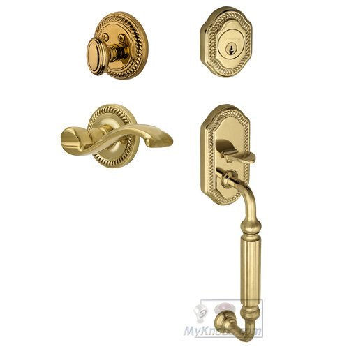 Handleset - Newport with "F" Grip and Portofino Left Handed Lever in Lifetime Brass