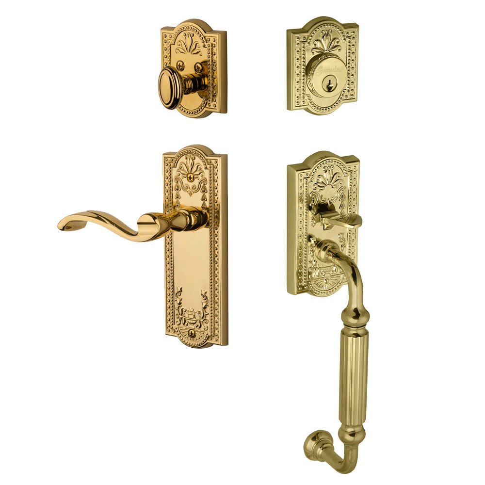 Parthenon with "F" Grip and Right Handed Portofino Door Lever in Lifetime Brass