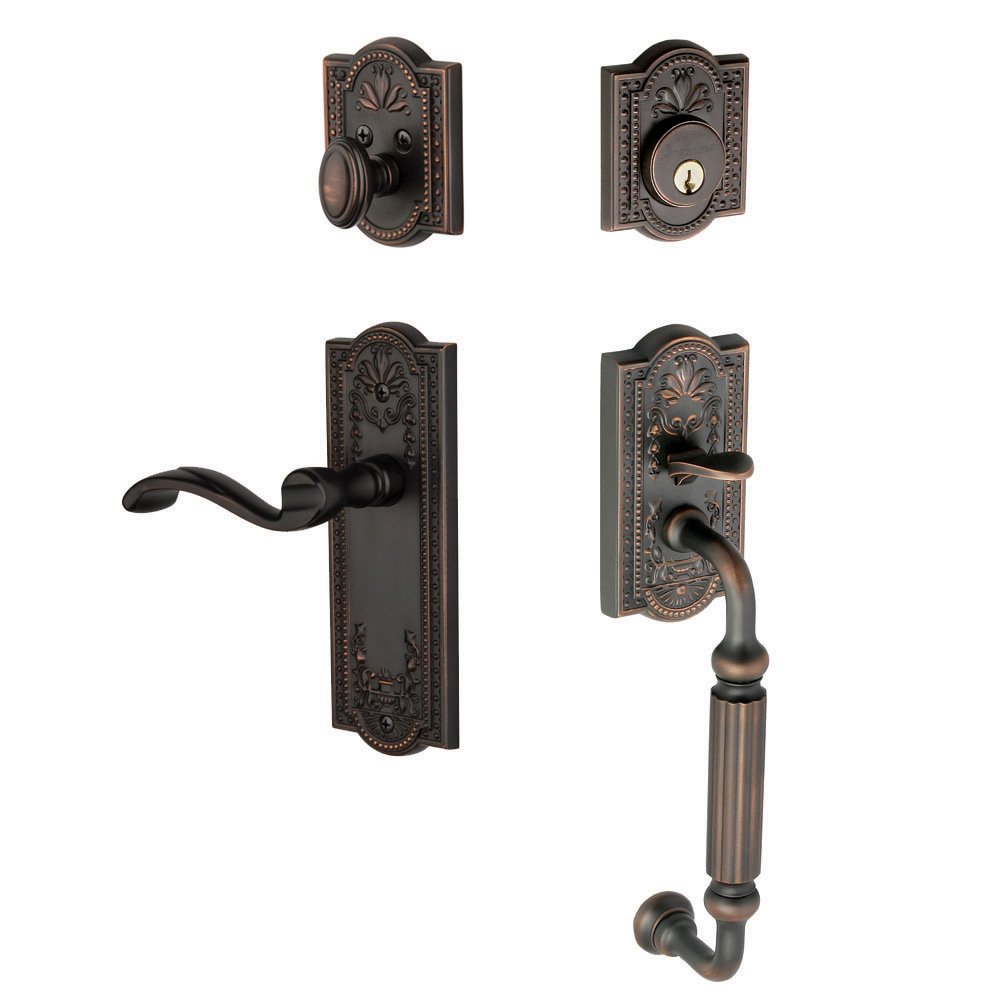Parthenon with "F" Grip and Right Handed Portofino Door Lever in Timeless Bronze