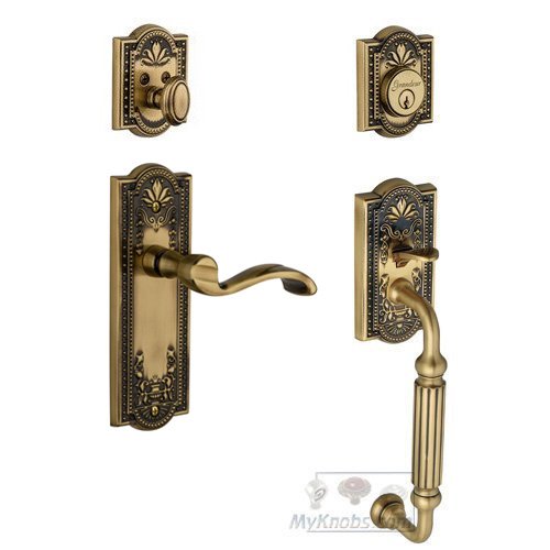 Parthenon with "F" Grip and Portofino Right Handed Door Lever in Vintage Brass