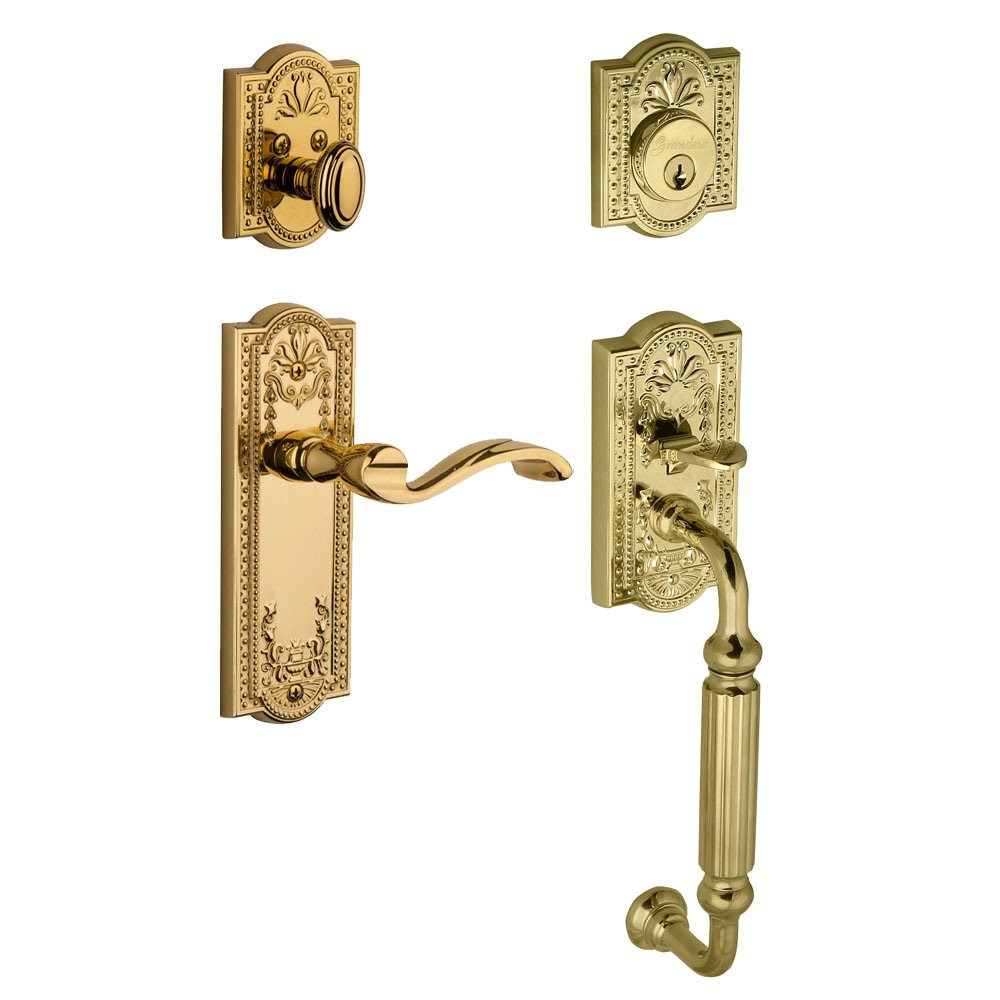 Parthenon with "F" Grip and Left Handed Portofino Door Lever in Lifetime Brass