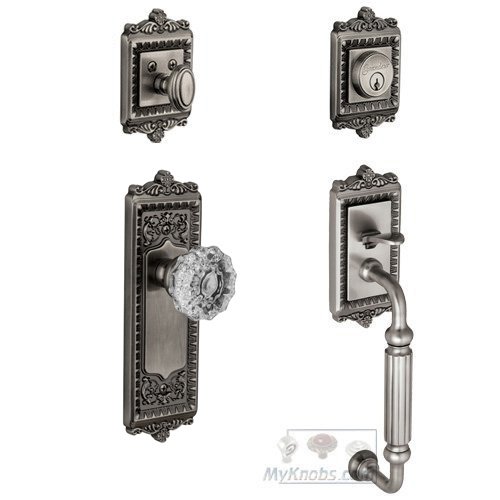 Windsor with "F" Grip and Fontainebleau Crystal Door Knob in Antique Pewter