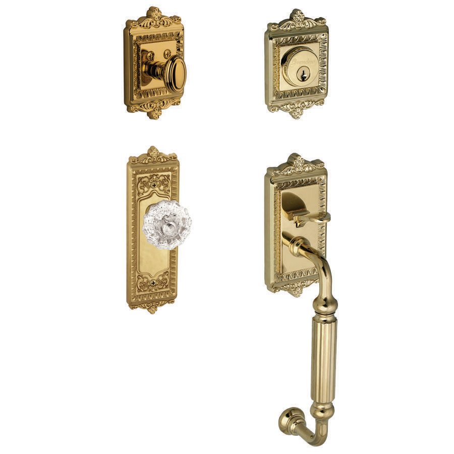 Windsor with "F" Grip and Fontainebleau Crystal Door Knob in Lifetime Brass