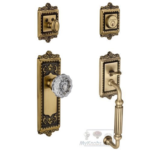 Windsor with "F" Grip and Fontainebleau Crystal Door Knob in Vintage Brass