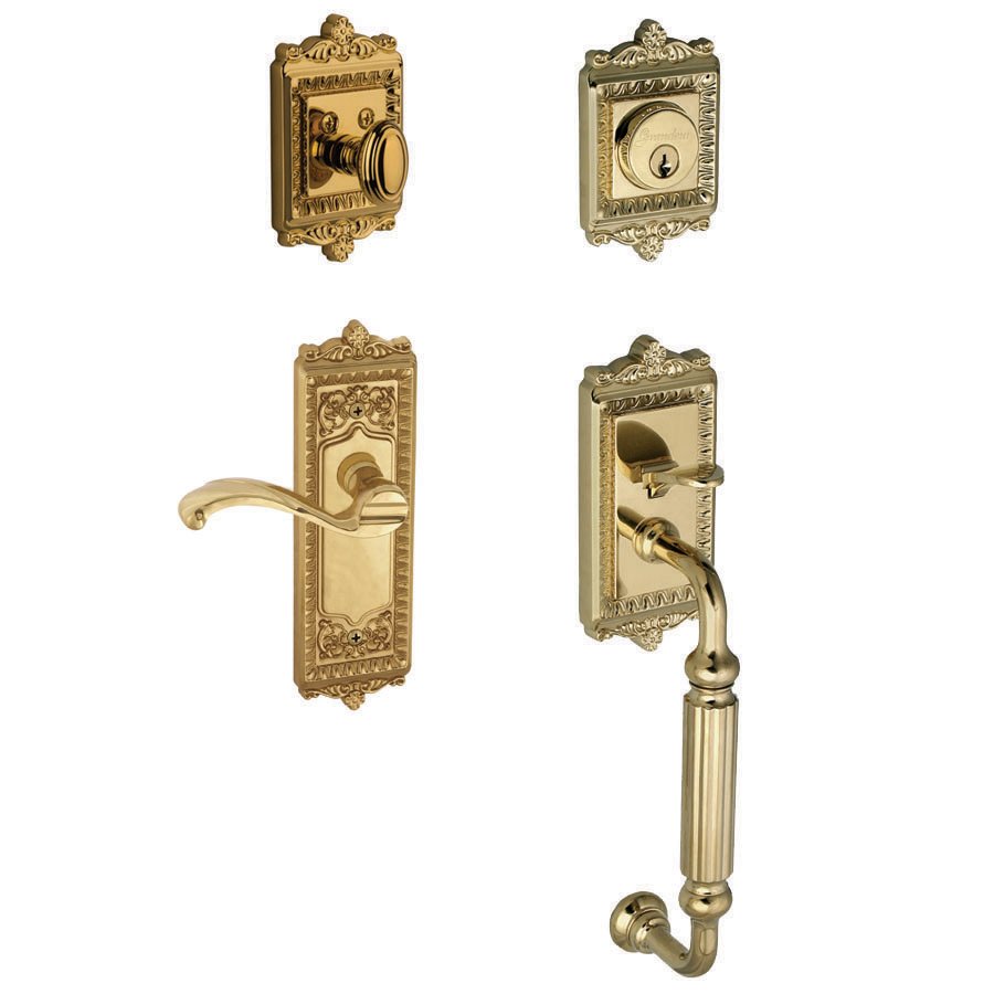 Windsor with "F" Grip and Right Handed Portofino Door Lever in Lifetime Brass