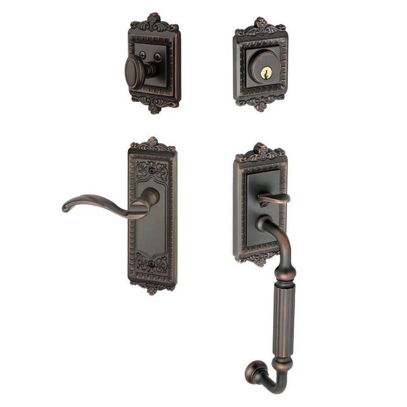 Windsor with "F" Grip and Right Handed Portofino Door Lever in Timeless Bronze