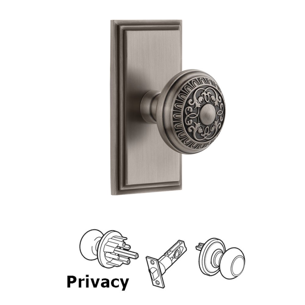 Grandeur Carre Plate Privacy with Windsor Knob in Antique Pewter