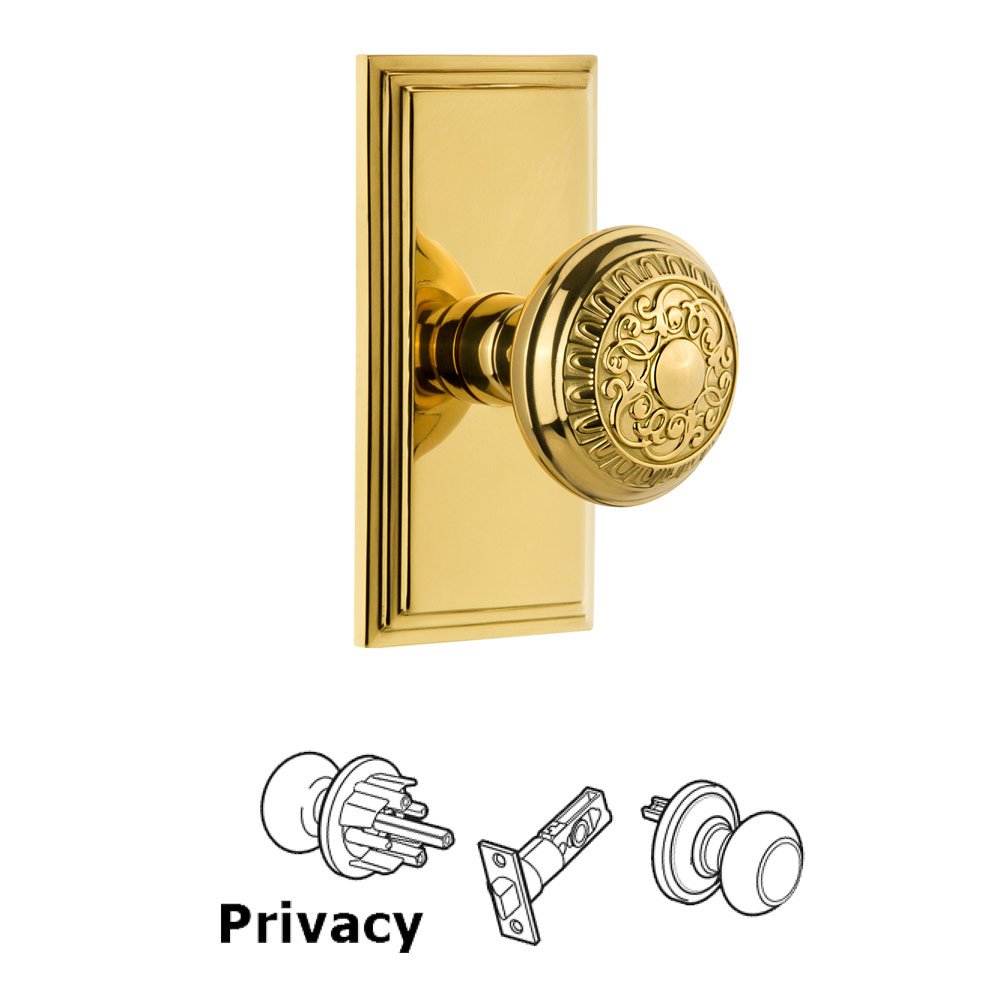 Grandeur Carre Plate Privacy with Windsor Knob in Polished Brass