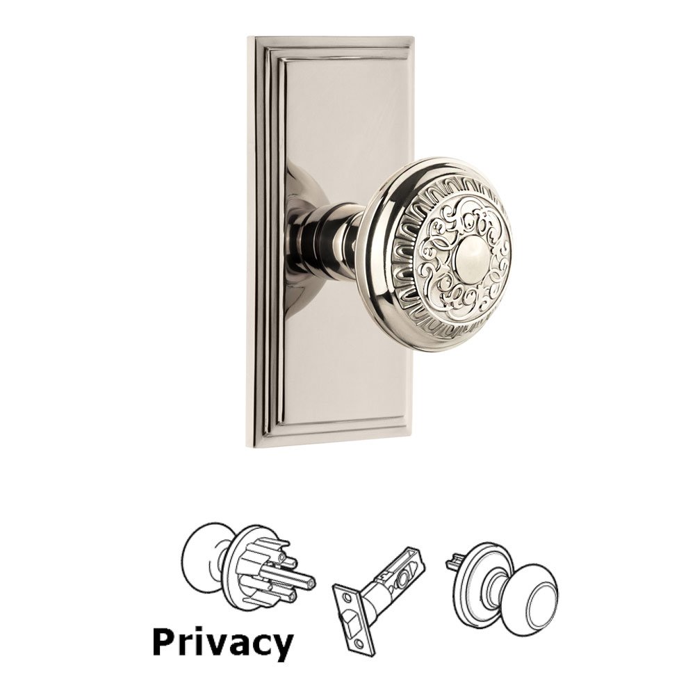 Grandeur Carre Plate Privacy with Windsor Knob in Polished Nickel