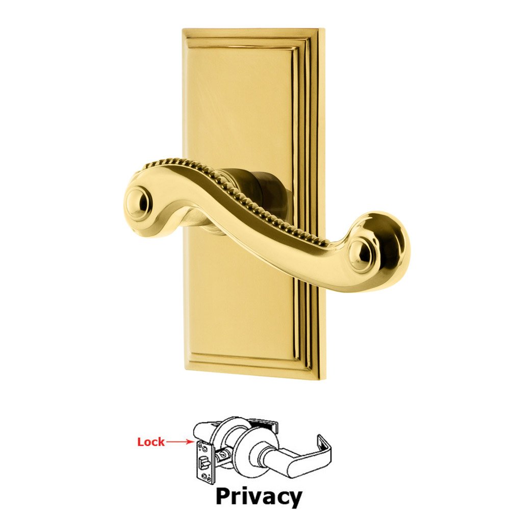 Privacy Carre Plate with Newport Left Handed Lever in Polished Brass