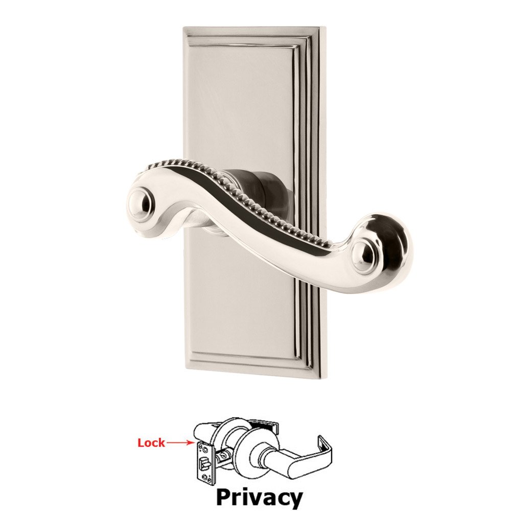 Privacy Carre Plate with Newport Left Handed Lever in Polished Nickel