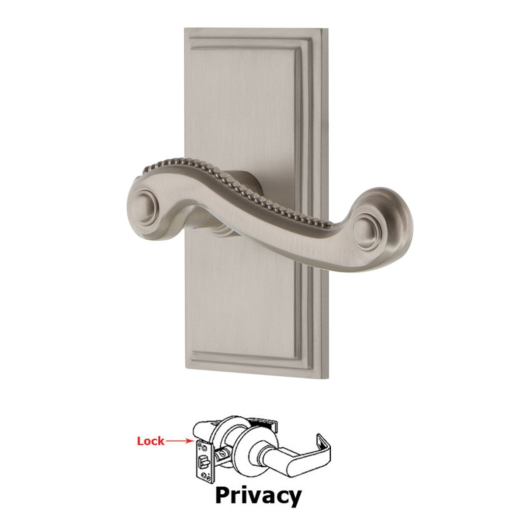 Privacy Carre Plate with Newport Left Handed Lever in Satin Nickel