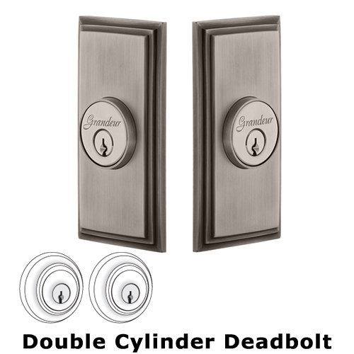 Grandeur Double Cylinder Deadbolt with Carre Plate in Antique Pewter