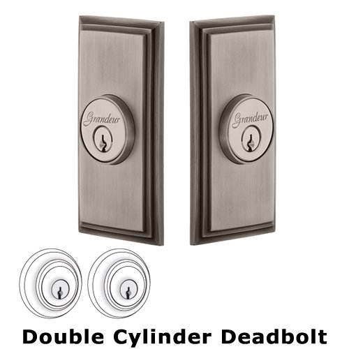 Grandeur Double Cylinder Deadbolt with Carre Plate in Antique Pewter