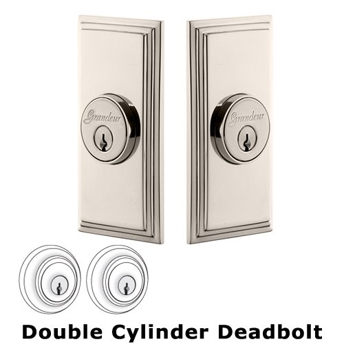 Grandeur Double Cylinder Deadbolt with Carre Plate in Polished Nickel