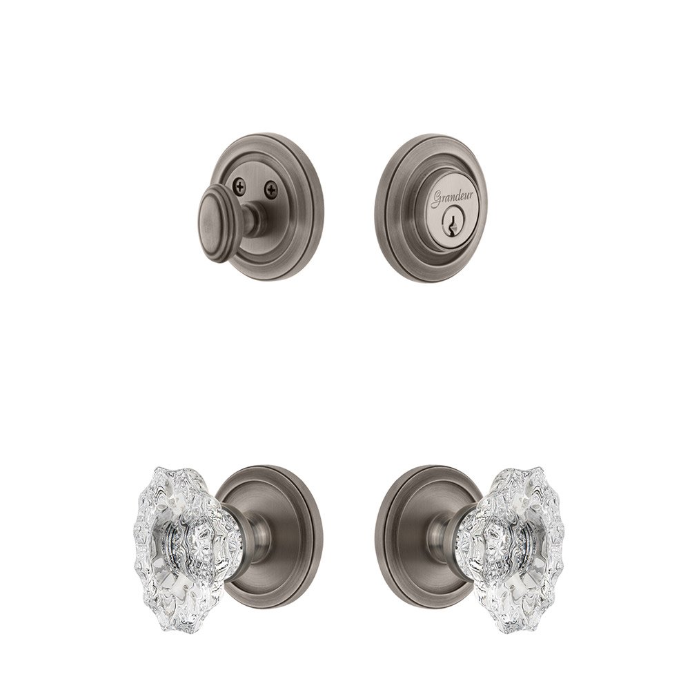 Handleset - Circulaire Rosette With Biarritz Crystal Knob & Matching Deadbolt In Antique Pewter