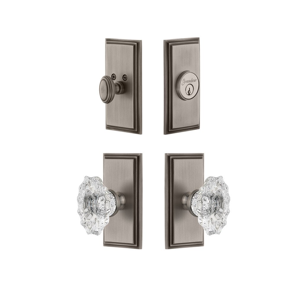 Handleset - Carre Plate With Biarritz Crystal Knob & Matching Deadbolt In Antique Pewter