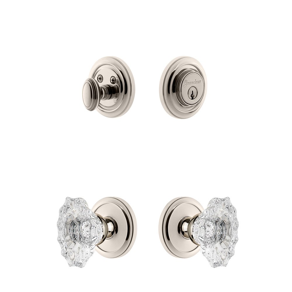 Handleset - Circulaire Rosette With Biarritz Crystal Knob & Matching Deadbolt In Polished Nickel