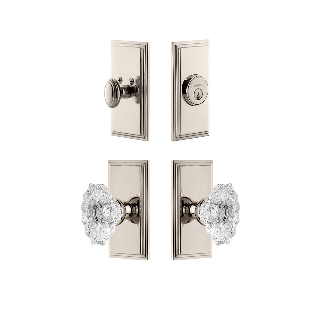 Handleset - Carre Plate With Biarritz Crystal Knob & Matching Deadbolt In Polished Nickel