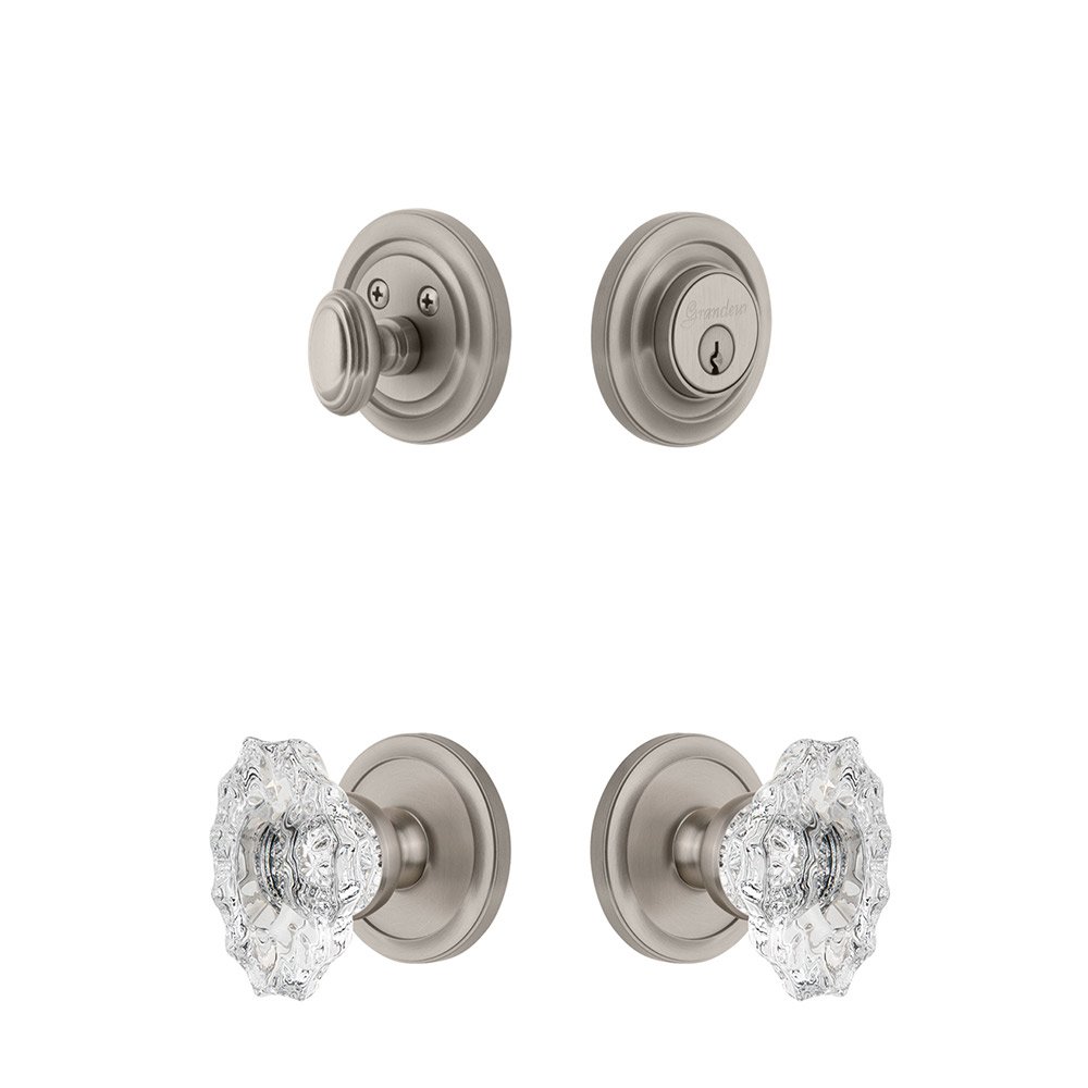 Handleset - Circulaire Rosette With Biarritz Crystal Knob & Matching Deadbolt In Satin Nickel
